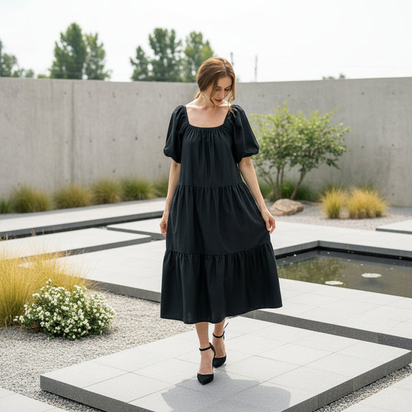 ROSEMARY Cotton Prairie Dress, in Black